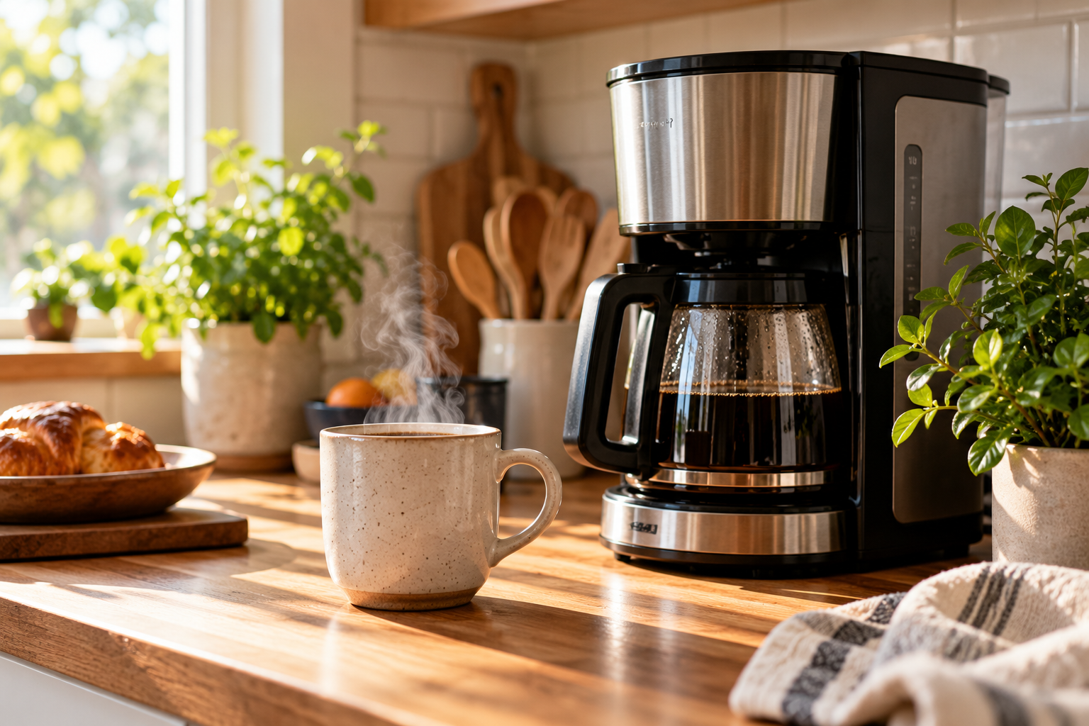 Drip coffee maker and steaming mug on a warm kitchen counter in morning light