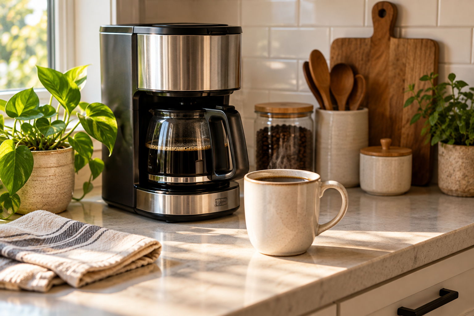 Compact drip coffee maker and mug on a small kitchen counter